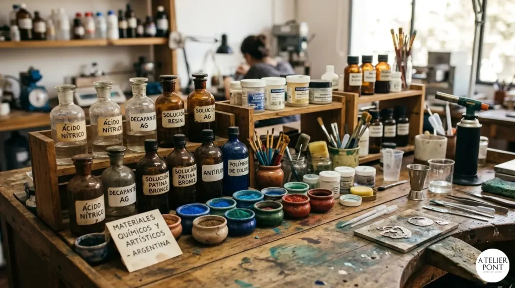 Suministros de orfebrería argentina: frascos de ácido nítrico y decapante, pigmentos de colores vibrantes, pinceles y mate en un taller