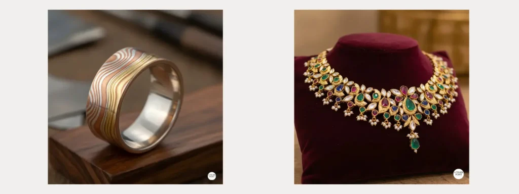 Collar de joyería kundan india y anillo japonés mokume-gane con vetas laminadas