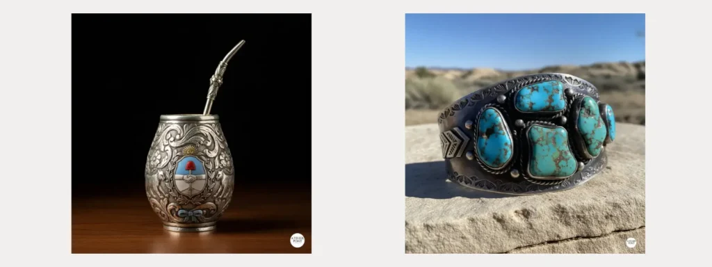 Mate de plata cincelado y brazalete navajo de plata con turquesas