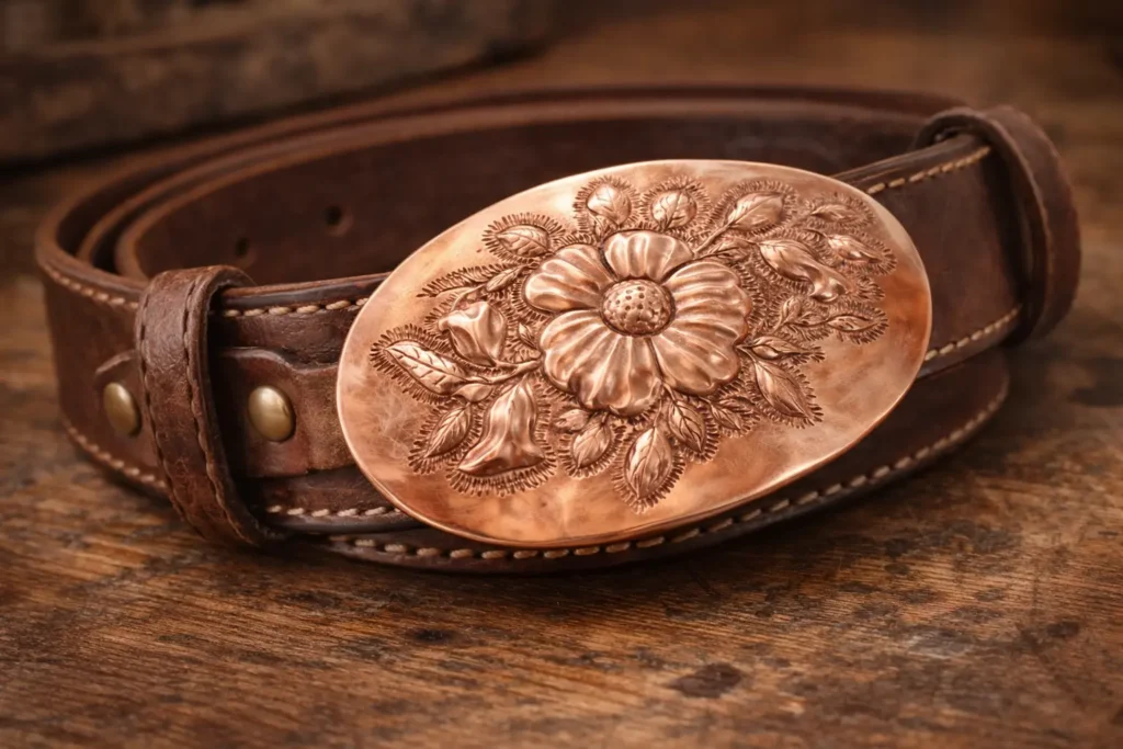 Hebilla cincelada en cobre con motivo floral – Los Rosales