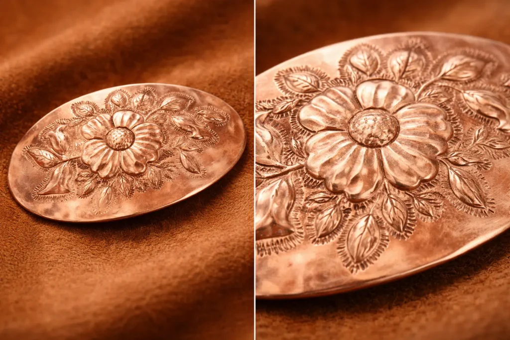 Hebilla cincelada en cobre con motivo floral – Los Rosales