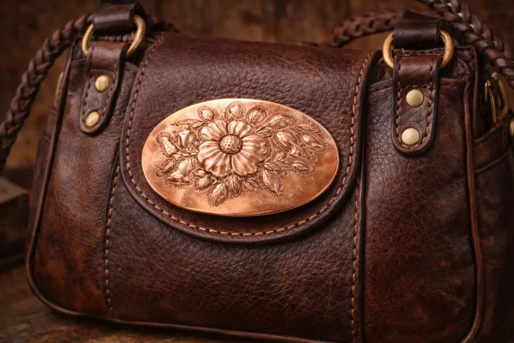 Hebilla cincelada en cobre con motivo floral – Los Rosales