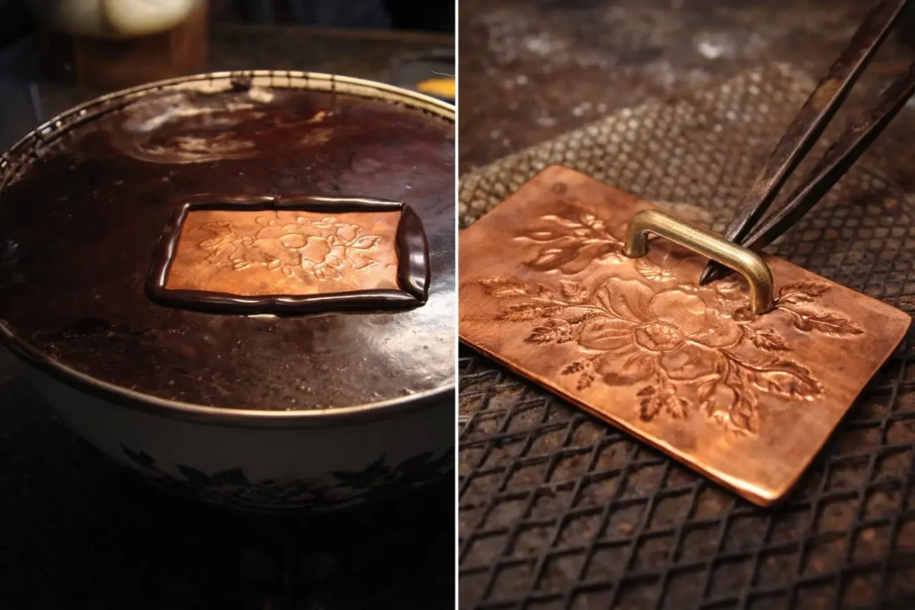 Hebilla cincelada en cobre con motivo floral – Los Rosales