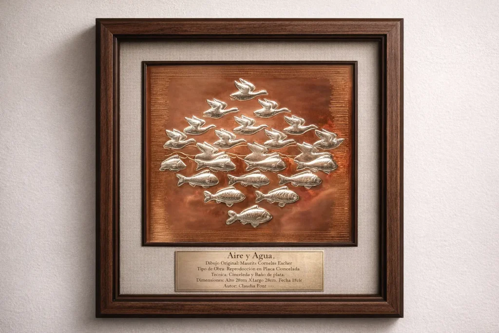 Placa cincelada en cobre con baño de plata basada en el grabado Aire y Agua de M. C. Escher