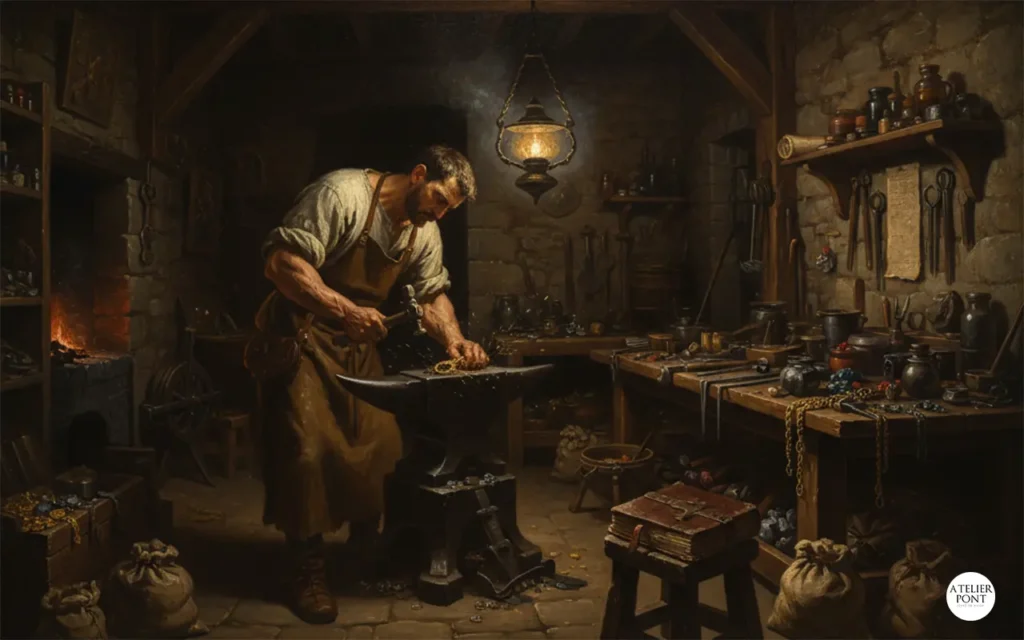 Artesano trabajando en taller de orfebrería medieval con herramientas tradicionales