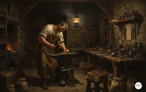 Artesano trabajando en taller de orfebrería medieval con herramientas tradicionales