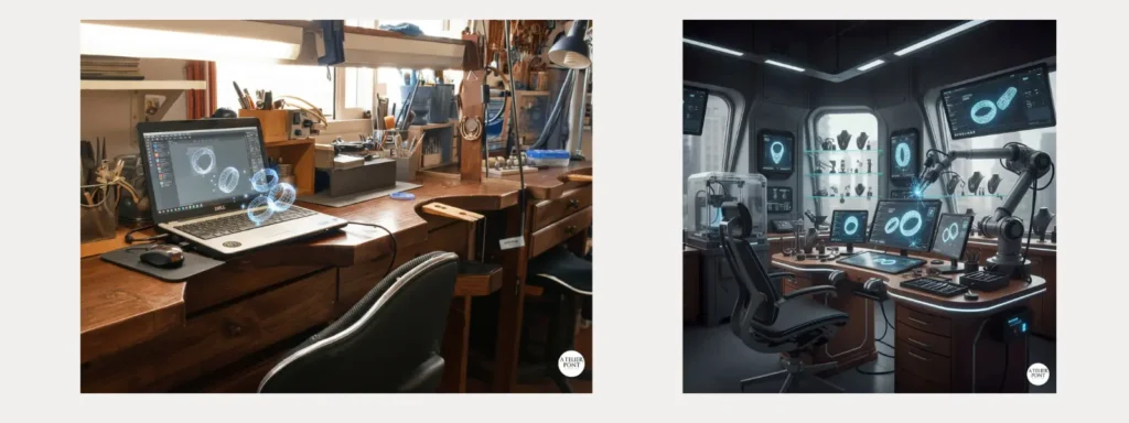 Taller de orfebrería artesanal junto a estación de diseño CAD CAM futuro 2035