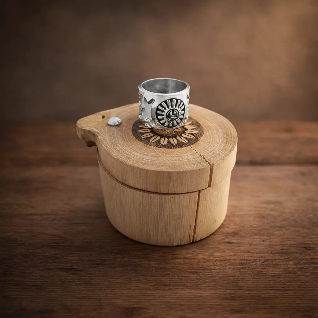 Anillo Hopi de plata artesanal presentado sobre caja de madera recuperada
