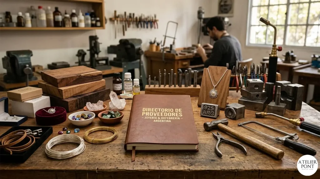 Guía de orfebrería argentina: cuaderno de directorio, granalla de plata y oro, gemas sueltas de colores, maderas preciosas, cuños y mate en un taller.