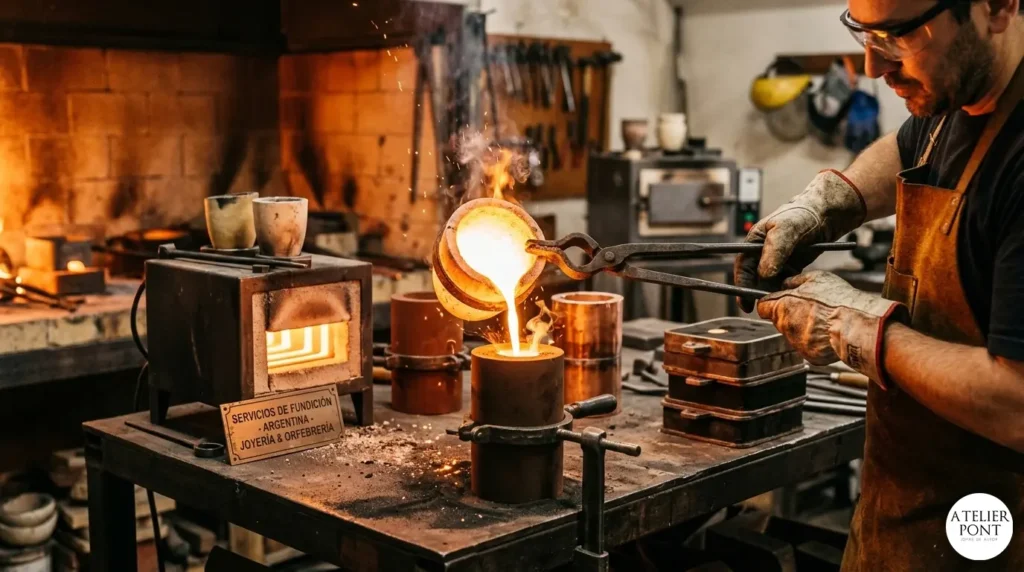 Fundición de metales preciosos para joyería argentina: Crisol de cerámica con metal fundido, moldes de fundición con Sol de Mayo y horno de fundición en un taller con mate.