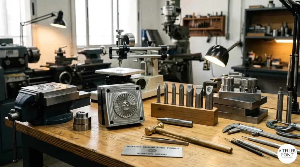 Herramientas de precisión para joyería argentina: Cuños y punzones de acero con Sol de Mayo grabado, matrices y pantógrafo en un taller con mate.