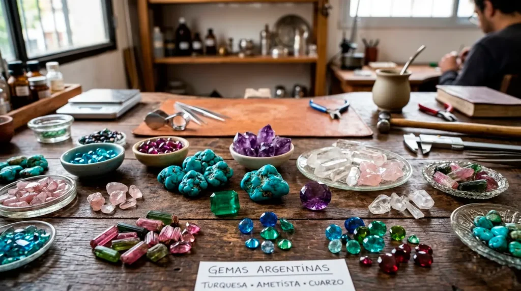 Piedras preciosas y cristales sueltos para orfebrería en Argentina: amatistas, cuarzos y turquesas en un taller con mate.