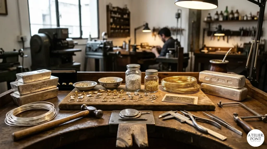 Metales preciosos para orfebrería argentina: granalla de plata y oro, lingotes de plata, láminas de oro y mate en un taller.