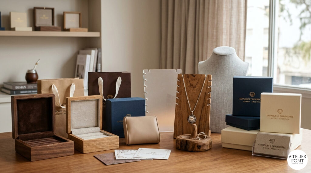 Presentación de joyería argentina: cajas de regalo personalizadas, soportes de anillos de madera, bustos de terciopelo y mate en un taller.