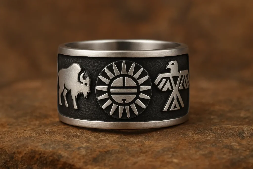 Anillo Hopi en plata terminado con símbolos Sol Tawa, águila y búfalo