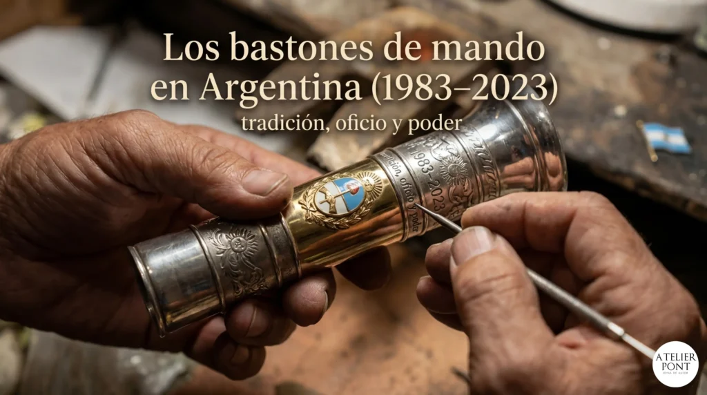 Primer plano de manos de un orfebre argentino cincelando un bastón de mando presidencial de plata y oro sobre un banco de trabajo artesanal.