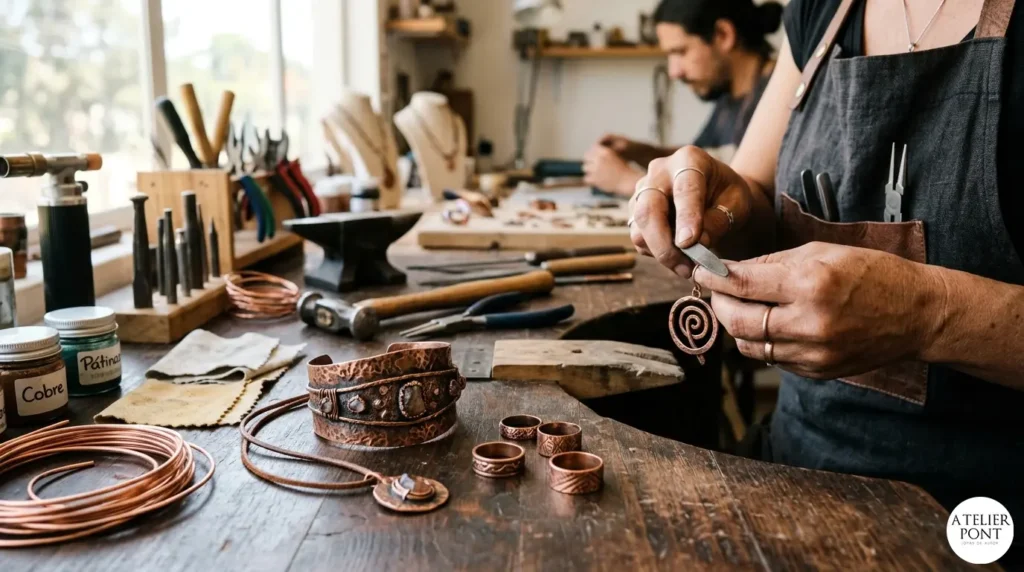 Joyeros artesanos de distintos géneros trabajando juntos en un taller de joyería, manipulando herramientas y piezas de cobre sobre una mesa de madera con pátinas y alambre