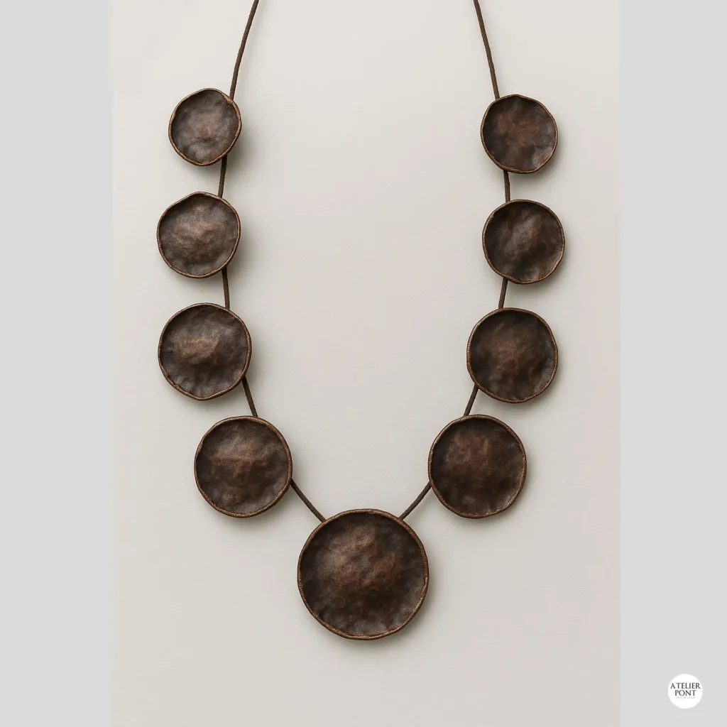 Collar de cápsulas de cobre circulares, abombadas y selladas por el borde, imitando el fruto leñoso