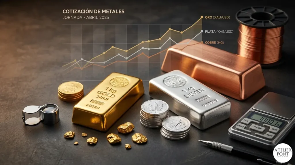 Imagen de portada mostrando lingotes de oro, plata y cobre sobre un banco de joyero con gráficos de mercado superpuestos, representando la cotización de metales para joyería en abril de 2025.