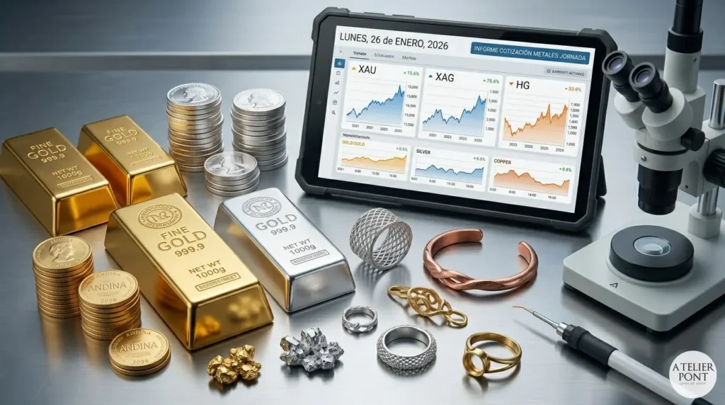 Mesa de trabajo de joyería moderna con lingotes de oro y plata, rollos de cobre, herramientas manuales y una tableta digital mostrando gráficas de precios actualizadas al 26 de enero de 2026.