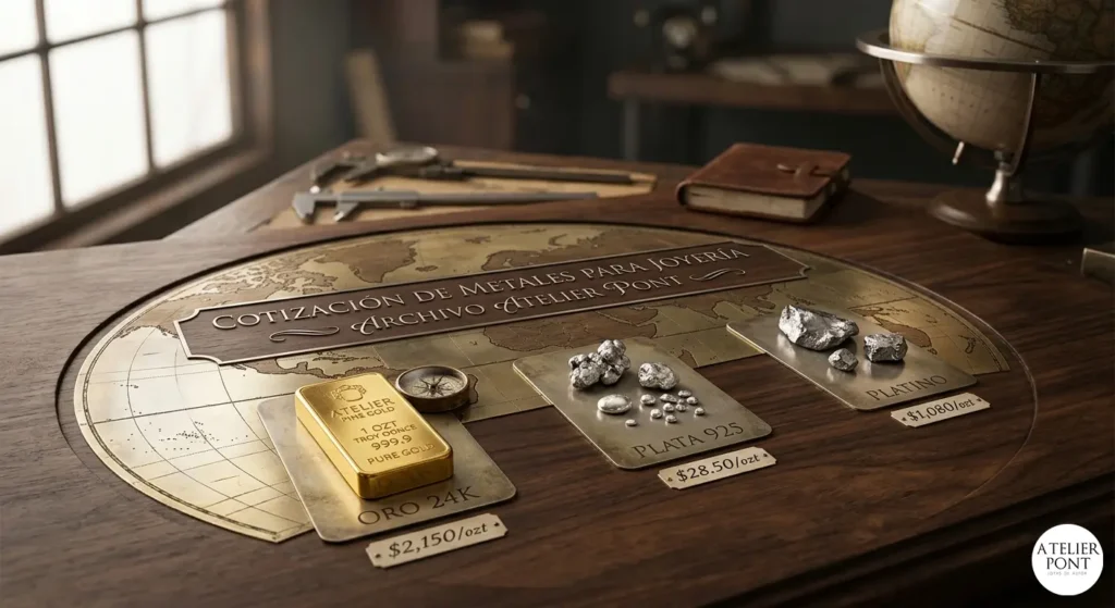 Mesa de trabajo de Atelier Pont con un mapamundi de latón, mostrando muestras físicas de Oro 24K, Plata 925 y Platino con etiquetas de precios y el título 'Cotización de Metales para Joyería'.
