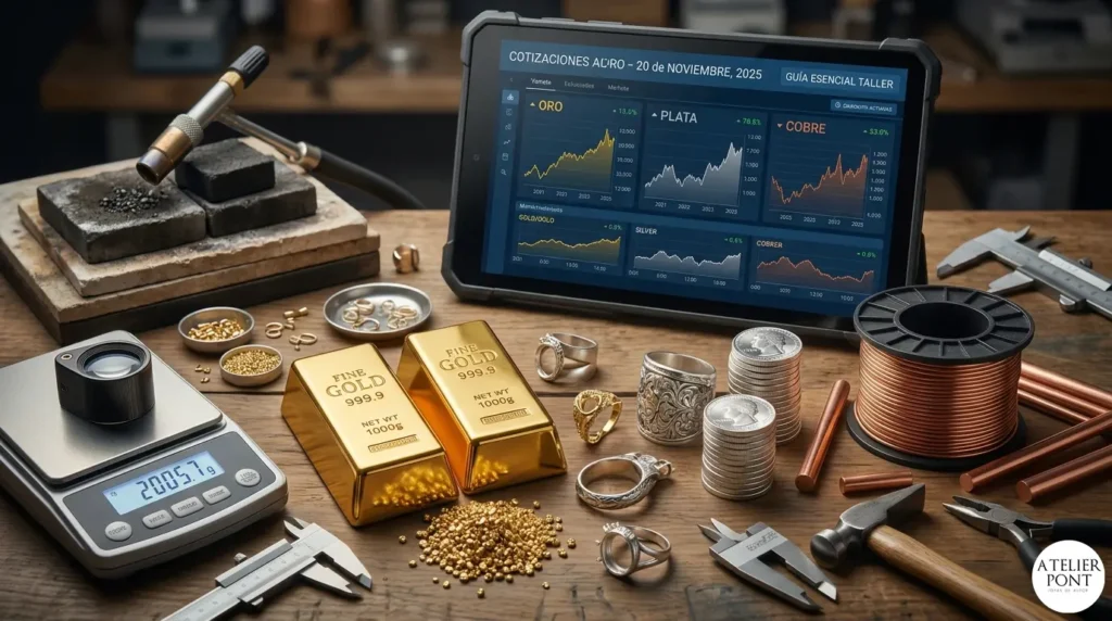 Mesa de trabajo de joyería con lingotes de oro y plata, rollos de cobre, herramientas manuales y una tableta digital mostrando gráficas de precios actualizadas al 20 de noviembre de 2025.