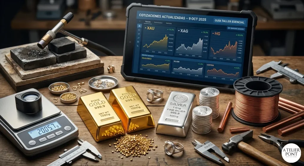 Mesa de trabajo de joyería con lingotes de oro, plata, rollos de cobre, herramientas manuales y una tableta digital mostrando gráficas de precios actualizadas al 9 de octubre de 2025.