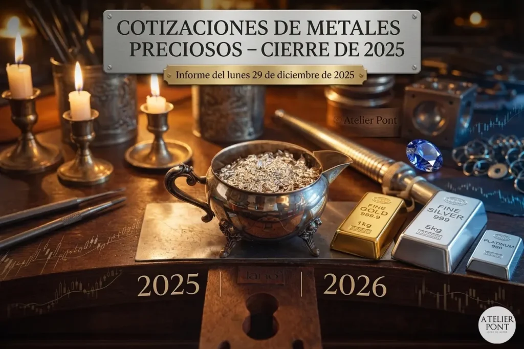 Portada de estilo orfebre artesanal con la inscripción "Cotizaciones de Metales Preciosos – Cierre de 2025" y la fecha "29 de diciembre de 2025". Muestra lingotes de oro, plata y granalla pura en un banco de joyero con luz de velas.