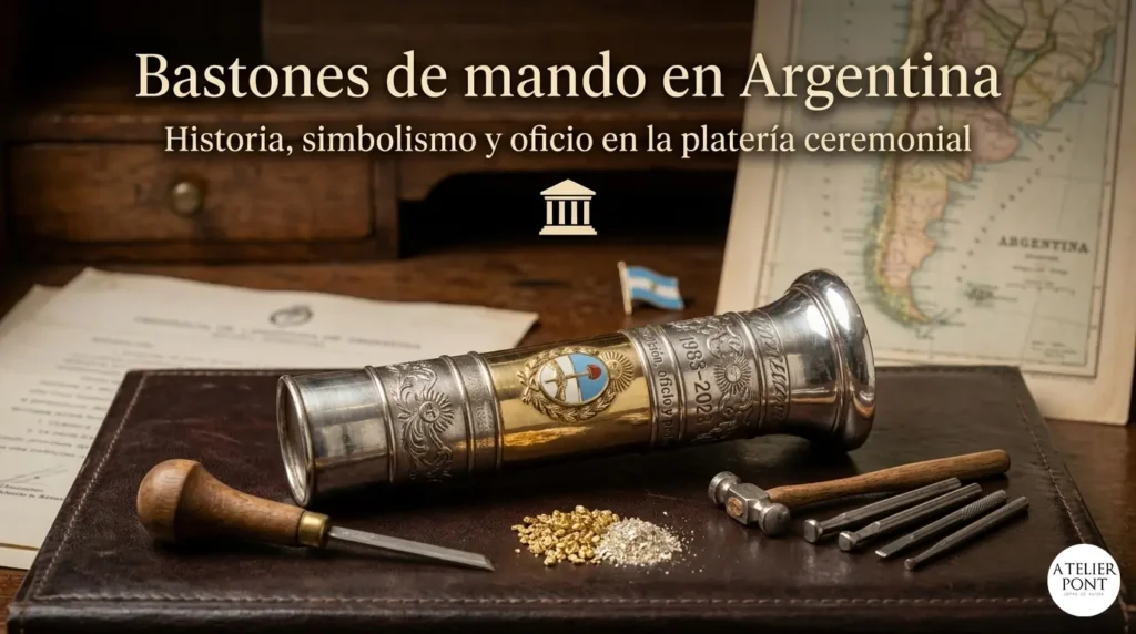 Composición de platería ceremonial con un bastón de mando, martillo de cincelar, cinceles rectos de acero y granalla de oro sobre un escritorio antiguo con mapas de Argentina.