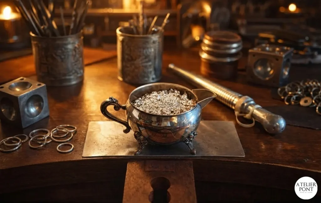 Primer plano de una vasija antigua de plata con granalla sobre un banco de joyero artesanal, rodeada de herramientas de orfebrería y luz cálida.