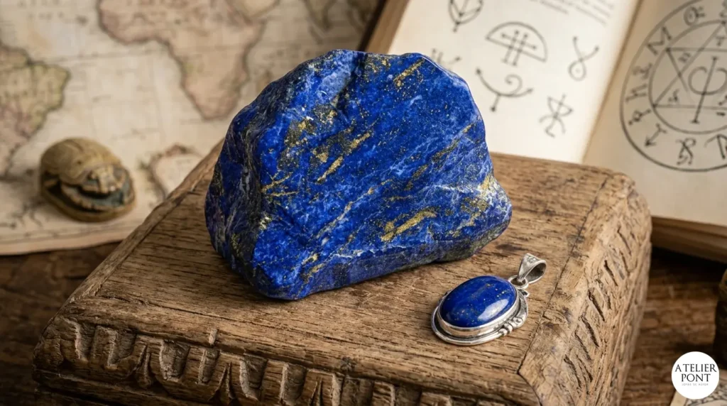 Piedra en bruto de lapislázuli azul con vetas doradas de pirita junto a un dije de plata y un libro antiguo de alquimia sobre una mesa de madera rústica.