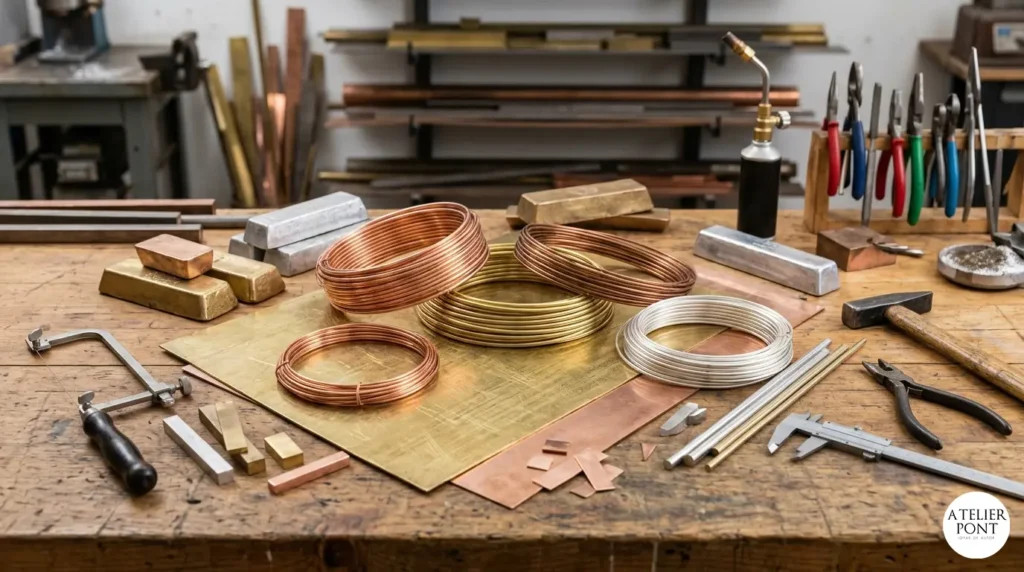Insumos de metales no ferrosos para joyería y orfebrería: láminas y alambres de cobre, latón y alpaca en taller.