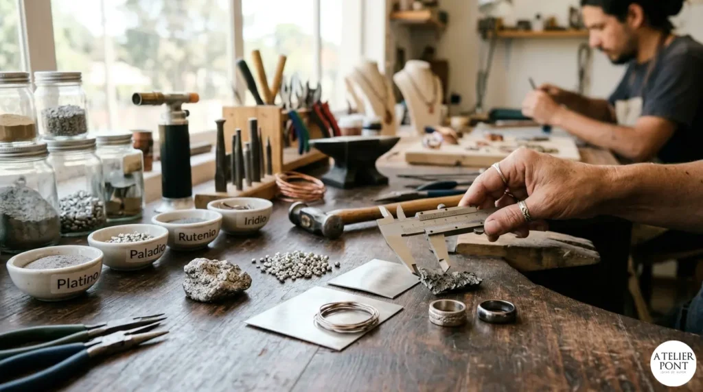 Una joyera artesana trabajando con un soplete de precisión sobre piezas de metales nobles como paladio y rodio en un taller profesional de orfebrería.