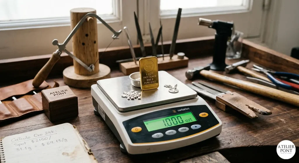 Báscula de precisión pesando una onza troy de oro y granalla de plata en un banco de trabajo de joyería profesional de Atelier Pont.