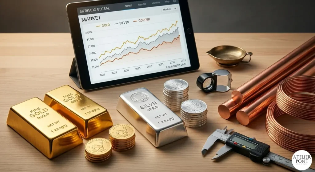 Fotografía profesional de lingotes y monedas de oro, plata y cobre ordenados sobre una mesa de joyero con una tableta mostrando gráficos de mercado el 1 de agosto de 2025, ilustrando el valor detrás de los metales.