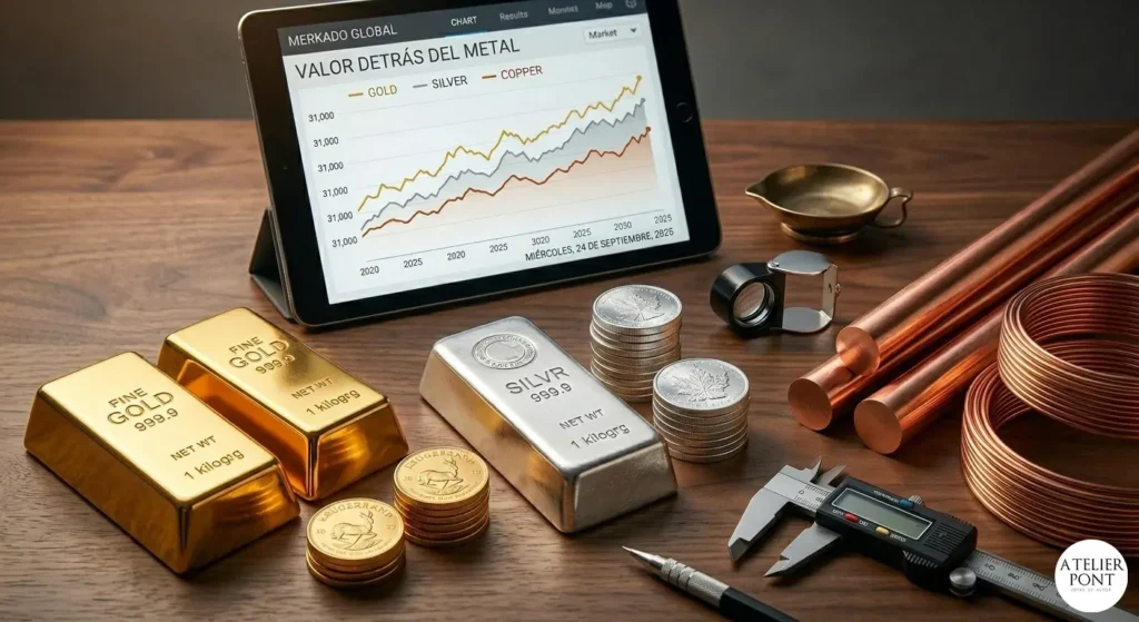 Muestras de oro, plata y cobre refinados y herramientas de precisión sobre un banco de joyero de madera oscura, con una tableta mostrando gráficos de mercado el miércoles 24 de septiembre de 2025.