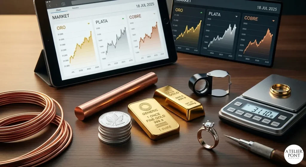 Fotografía de primer plano de muestras de oro, plata y cobre en un mostrador de joyería con herramientas de precisión y una tableta mostrando gráficos de mercado el 18 de julio de 2025, representando el valor detrás del metal.