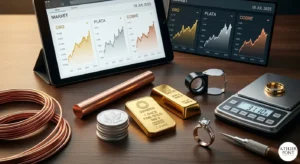 Fotografía de primer plano de muestras de oro, plata y cobre en un mostrador de joyería con herramientas de precisión y una tableta mostrando gráficos de mercado el 18 de julio de 2025, representando el valor detrás del metal.