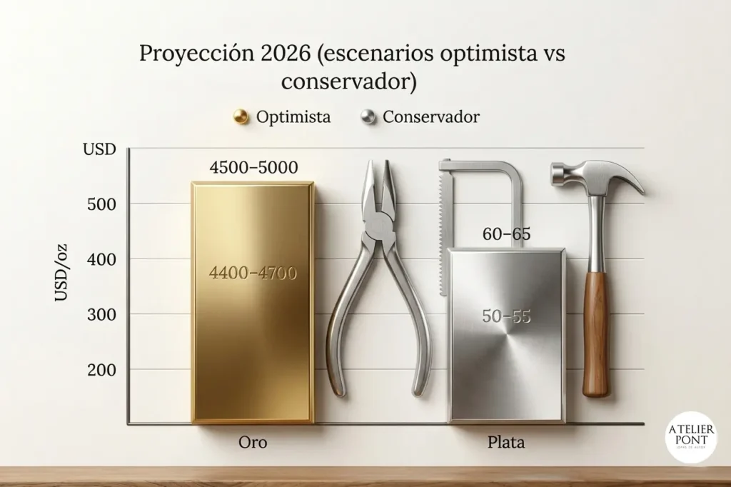 Gráfico de barras con estética de lingotes de oro y plata pulida que muestra las proyecciones de precios para 2026 en escenarios optimistas y conservadores. Se observan siluetas de herramientas de orfebrería al fondo.