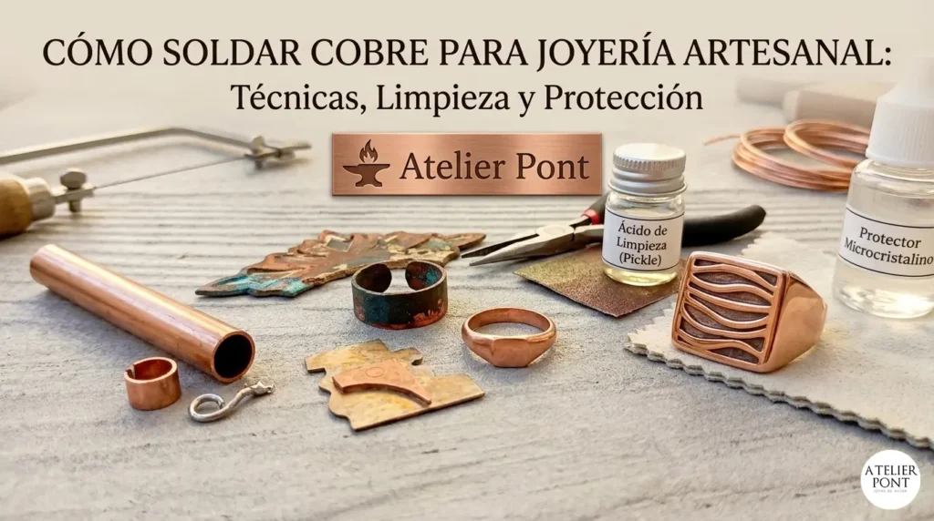 Mesa de trabajo de orfebre con piezas de cobre, herramientas de soldadura, decapante y anillos terminados para tutorial de joyería.