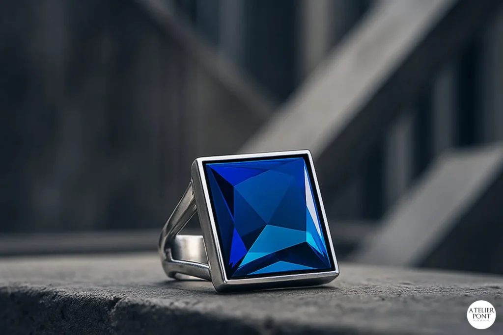Anillo Asymmetric Blue en plata 925 con cristal Swarovski azul cobalto asimétrico, pieza de joyería contemporánea de la colección Geometrías Urbanas.