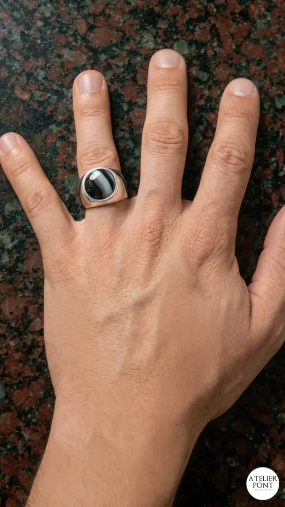 Anillo de plata maciza para hombre con piedra ágata Botswana natural en mano de modelo.