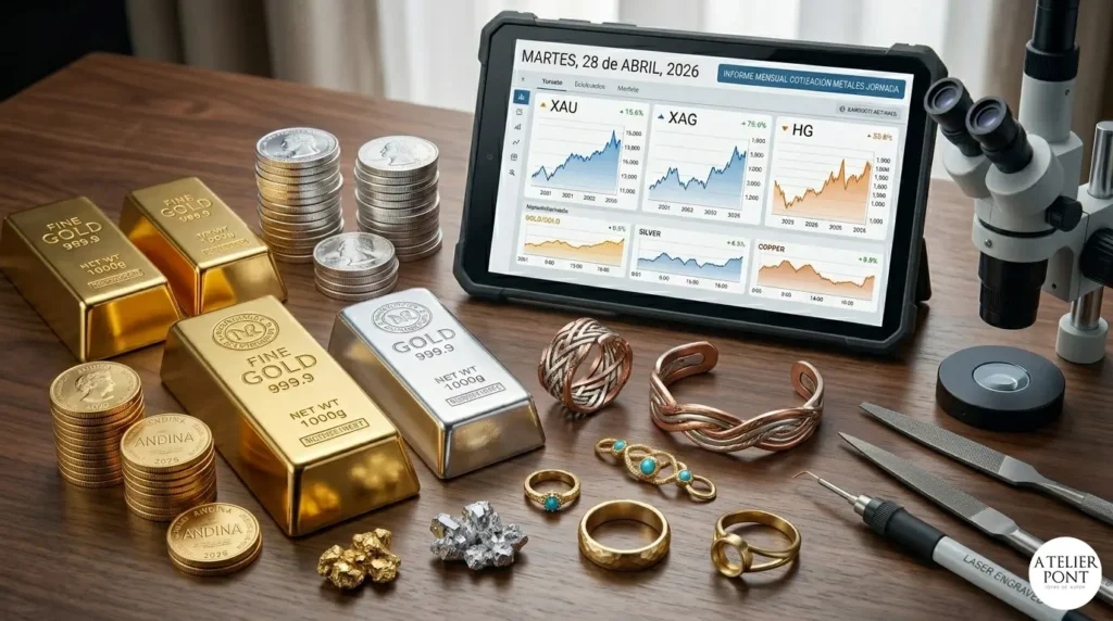 Banco de trabajo de joyería profesional con lingotes de oro, plata y muestras de cobre, herramientas de precisión y una tableta digital mostrando las gráficas de cotización de metales actualizadas al martes 28 de abril de 2026.