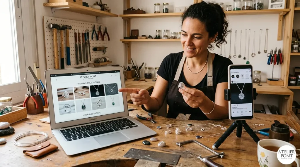 Una orfebre trabajando en su taller rodeada de herramientas de joyería, mostrando su trabajo artesanal online en una laptop y su perfil de redes sociales en un teléfono móvil.