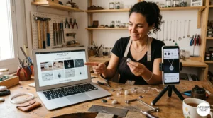 Una orfebre trabajando en su taller rodeada de herramientas de joyería, mostrando su trabajo artesanal online en una laptop y su perfil de redes sociales en un teléfono móvil.
