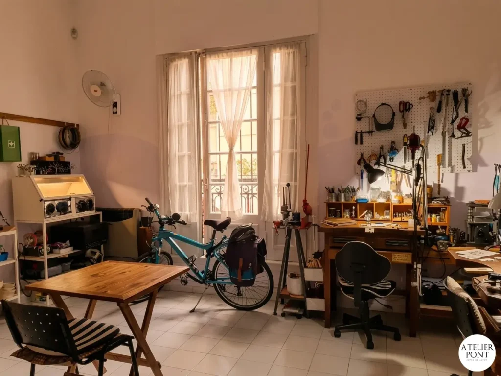 Vista general de un taller de orfebrería y joyería artesanal con mesas de trabajo, herramientas tradicionales colgadas en la pared y luz natural de un ventanal en Buenos Aires.