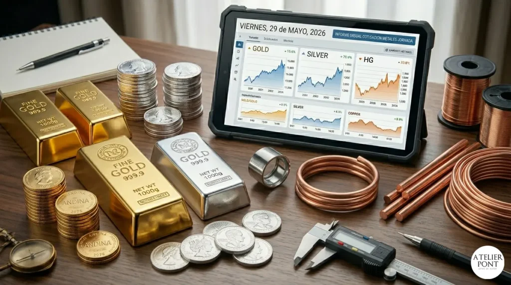 Mesa de trabajo de joyería profesional con lingotes de oro, plata y cobre, herramientas y una tableta mostrando gráficas de cotización actualizadas al viernes 29 de mayo de 2026.