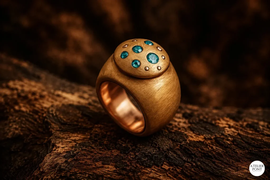 MV-01 Materia Viva, anillo artesanal de madera Vira Pita con cobre reciclado y cristales Swarovski.