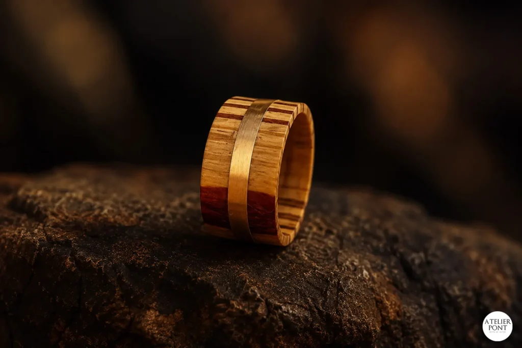 Anillo Tránsito realizado en madera laminada de arce, guayacán y cedro con aleación metálica recuperada.