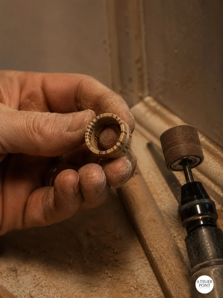 Trabajo de conformado y lijado manual del anillo Estratigrafía en el taller.